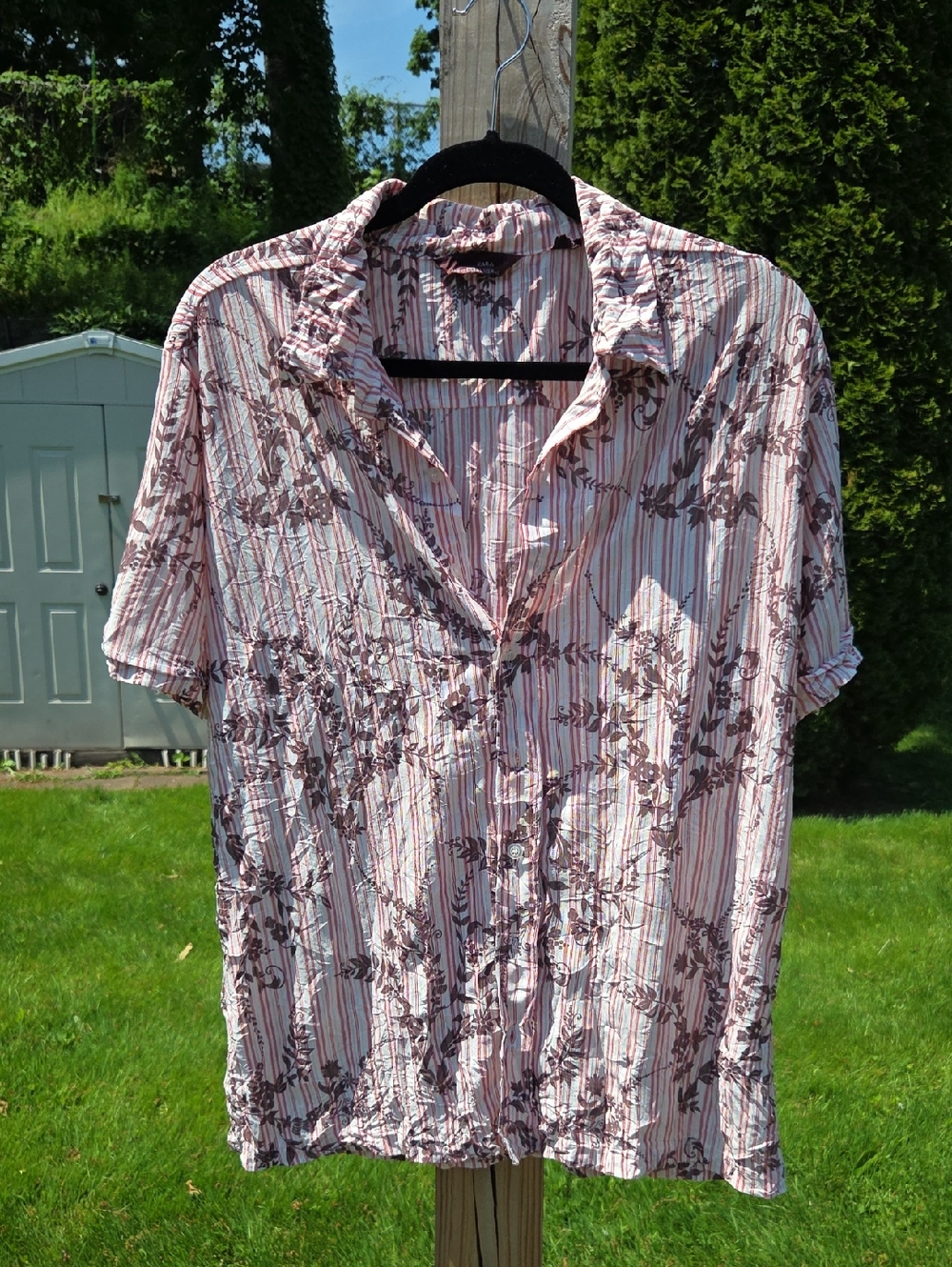 Zara Striped Floral Short-Sleeve Button-Down Shirt